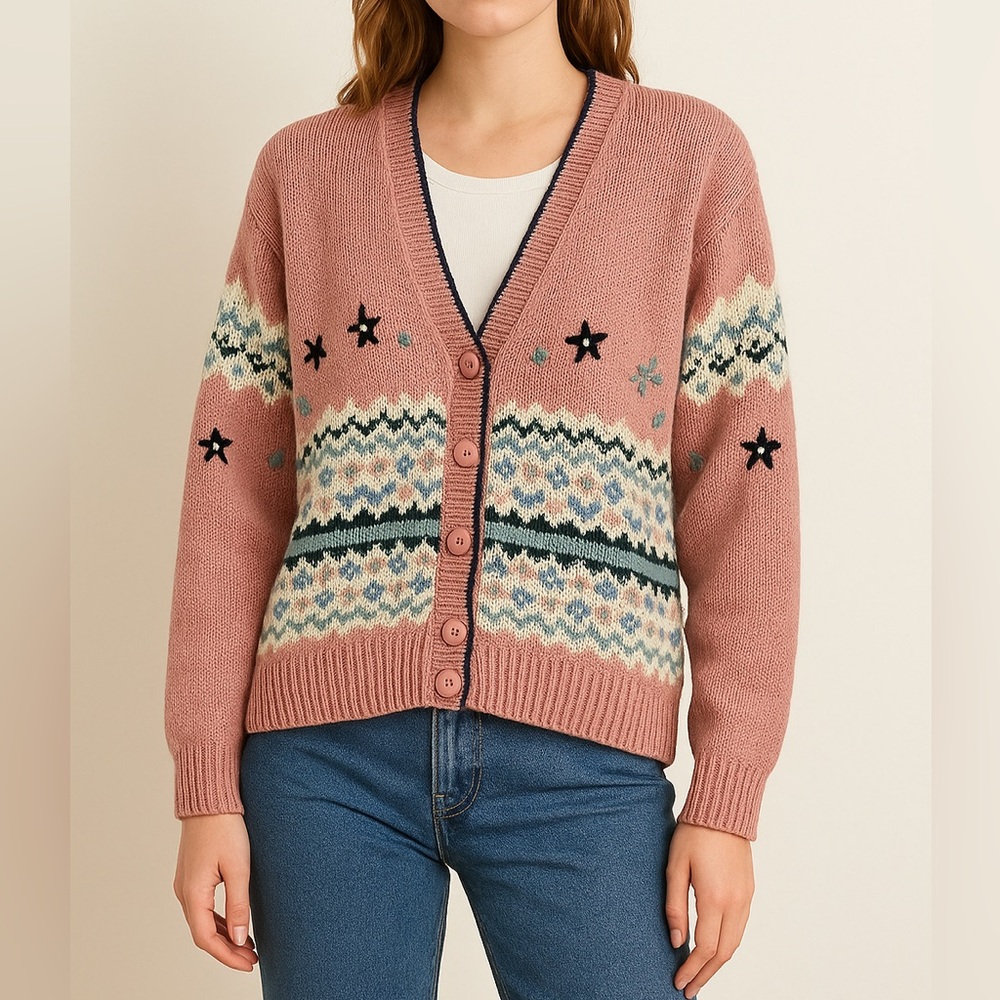 Vintage Fair Isle Knit Cardigan Sweater‎ Pink Embroidered Floral Stars Sz M